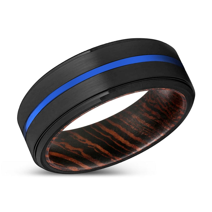 EQUINOX | Wenge Wood, Black Tungsten Ring, Blue Groove, Stepped Edge - Rings - Aydins Jewelry