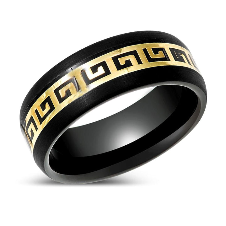 ERDIL | Black Tungsten Ring with Yellow Greek Key Inlay - Rings - Aydins Jewelry - 2