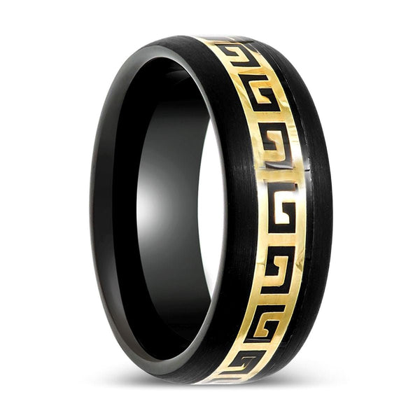 ERDIL | Black Tungsten Ring with Yellow Greek Key Inlay