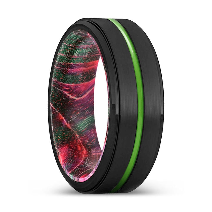 ESCONDIDO | Green & Red Wood, Black Tungsten Ring, Green Groove, Stepped Edge - Rings - Aydins Jewelry - 1