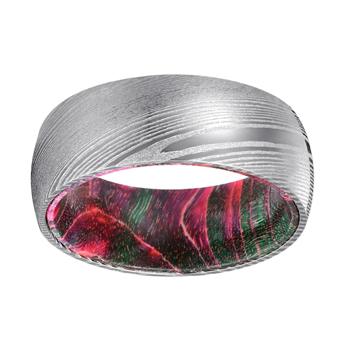 EVANS | Green and Red Wood, Silver Damascus Steel, Domed - Rings - Aydins Jewelry