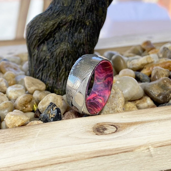 EVANS | Green and Red Wood, Silver Damascus Steel, Domed - Rings - Aydins Jewelry - 6