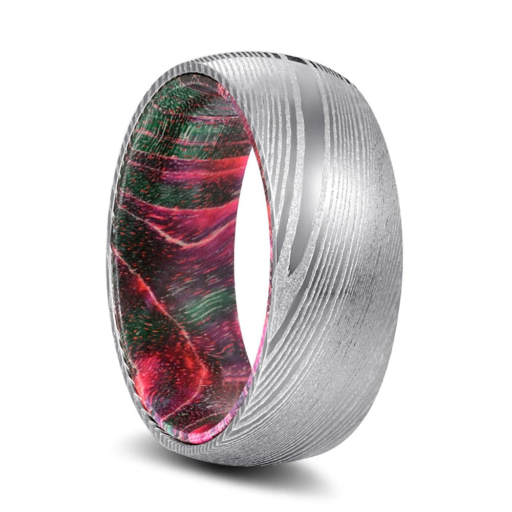 EVANS | Green and Red Wood, Silver Damascus Steel, Domed - Rings - Aydins Jewelry