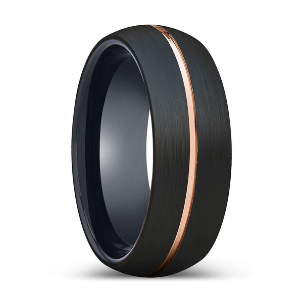 EXHOLM | Black Ring, Black Tungsten Ring, Rose Gold Groove, Domed