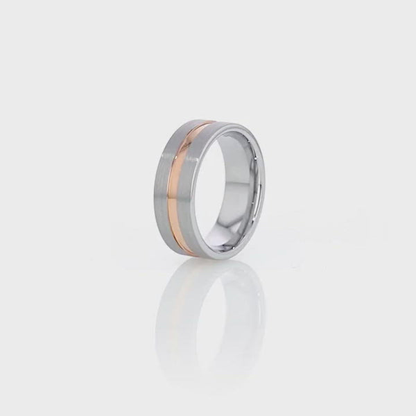 ZEUS | Silver Tungsten Ring, Rose Gold Groove, Flat