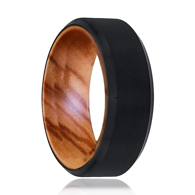 FASCIA | Olive Wood, Black Tungsten Ring, Brushed, Beveled