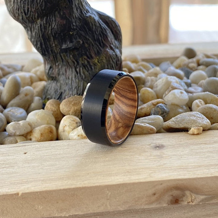 FASCIA | Olive Wood, Black Tungsten Ring, Brushed, Beveled - Rings - Aydins Jewelry - 5