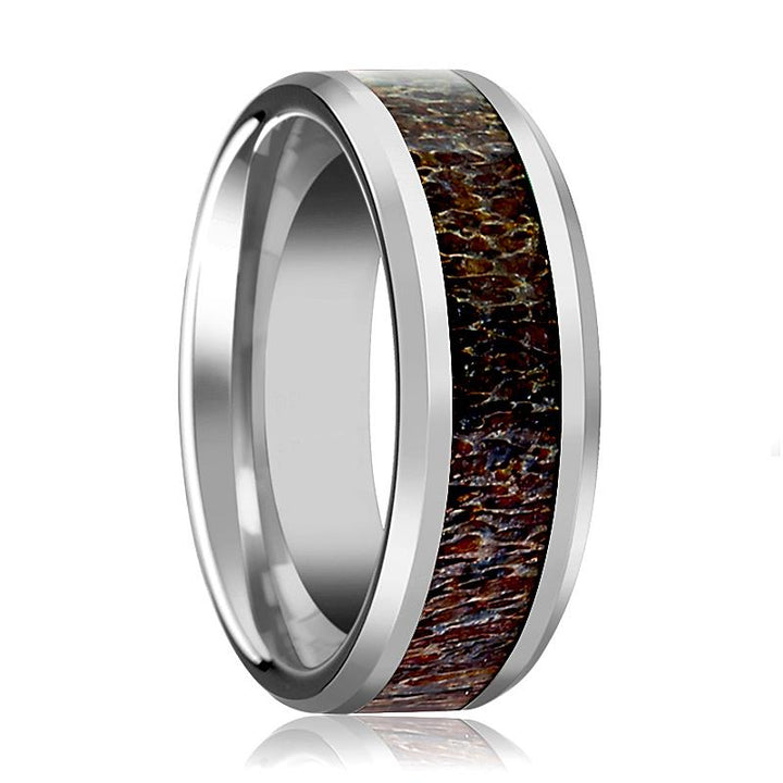 FAWN | Silver Tungsten Ring, Dark Brown Antler Inlay, Beveled - Rings - Aydins Jewelry - 1