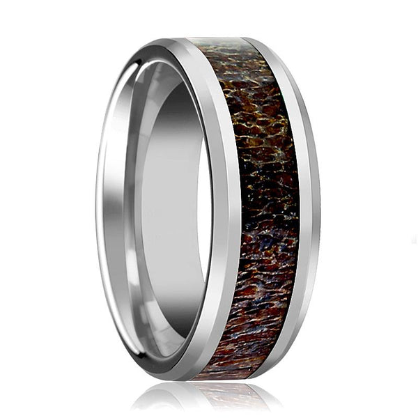 FAWN | Silver Tungsten Ring, Dark Brown Antler Inlay, Beveled - Rings - Aydins Jewelry - 1