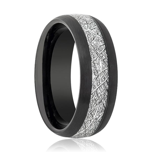 Black Brushed Domed Tungsten Wedding Band for Men with Meteorite Inlay - 8MM - Rings - Aydins_Jewelry