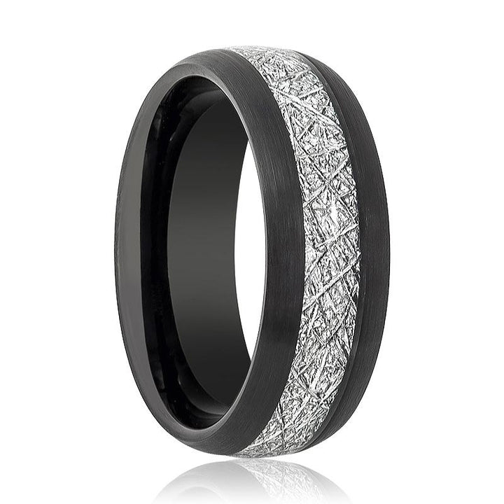 FERMI | Black Tungsten Ring, Imitation Meteorite Inlay, Domed - Rings - Aydins Jewelry - 1
