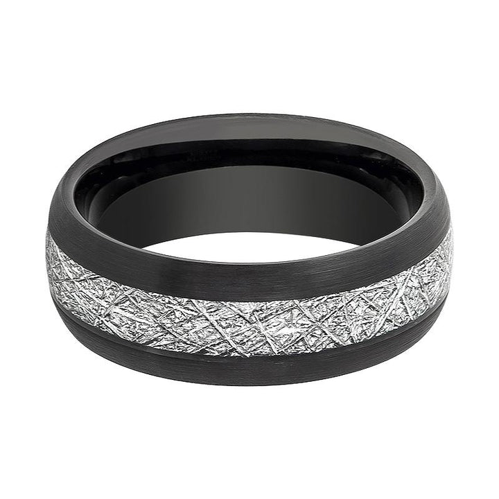 FERMI | Black Tungsten Ring, Imitation Meteorite Inlay, Domed - Rings - Aydins Jewelry - 2