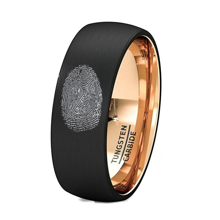 Finger Print Engraved Rose Gold Inlay Tungsten Ring Brushed Dome Comfort Fit - Rings > Tungsten Fingerprint Ring > Fingerprint Jewelry >Fingerprint Rings > Memorial Ring > His Fingerprint Ring > Mens Wedding Band > mens black wedding band > black wedding rings > black wedding band > black wedding rings for men > - Aydins Jewelry - 2