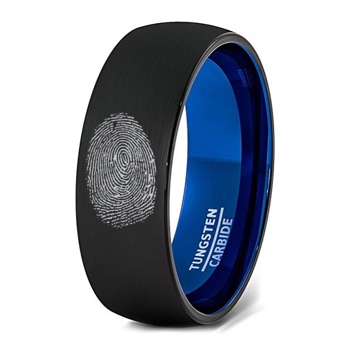 Finger Print Engraved Two Tone Black Brushed Men's Tungsten Wedding Band with Blue Interior Domed- 8MM - Rings > Tungsten Fingerprint Ring > Fingerprint Jewelry >Fingerprint Rings > Memorial Ring > His Fingerprint Ring > Mens Wedding Band > mens black wedding band > black wedding rings > black wedding band > black wedding rings for men > - Aydins Jewelry - 2