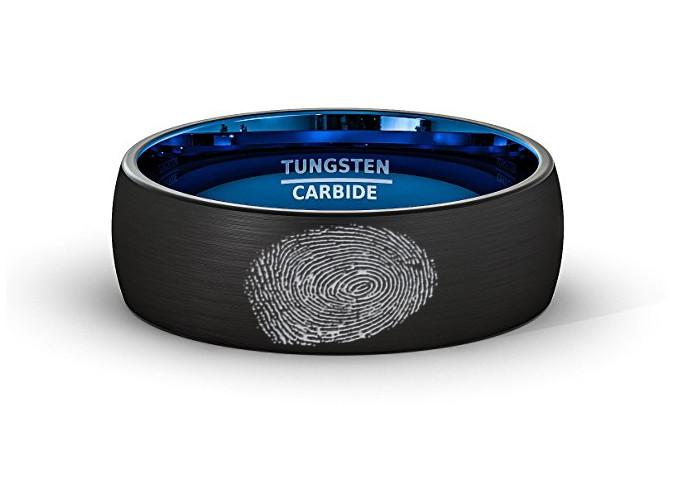 Finger Print Engraved Two Tone Black Brushed Men's Tungsten Wedding Band with Blue Interior Domed- 8MM - Rings > Tungsten Fingerprint Ring > Fingerprint Jewelry >Fingerprint Rings > Memorial Ring > His Fingerprint Ring > Mens Wedding Band > mens black wedding band > black wedding rings > black wedding band > black wedding rings for men > - Aydins Jewelry - 1