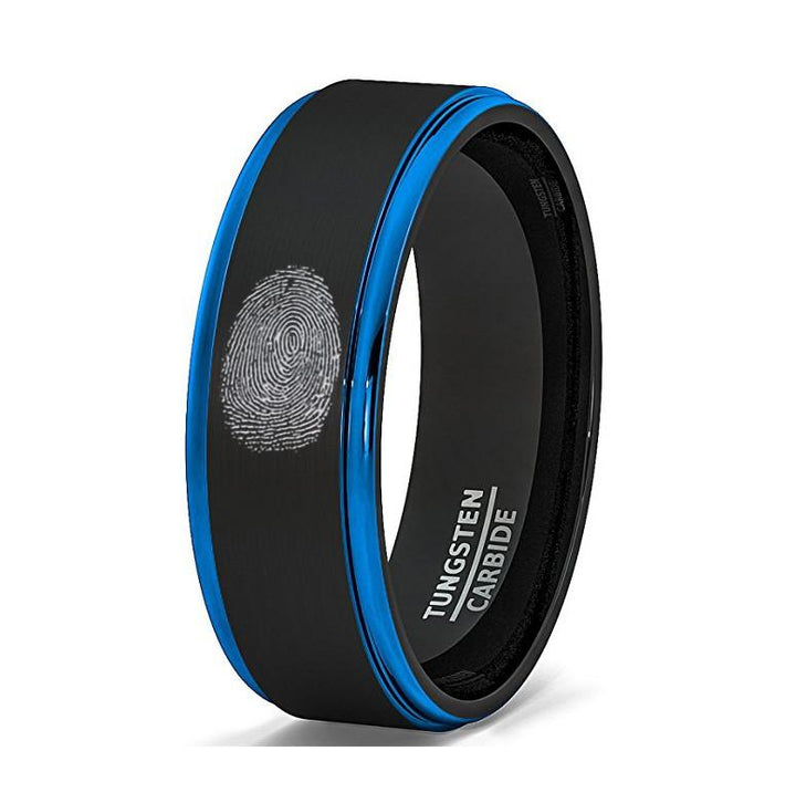 Finger Print Engraved Two-Tone Black Brushed Tungsten Ring With Blue Step Edges
