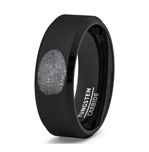 Fingerprint Engraved Black Tungsten Men's Wedding — lifestyle on hand — men's tungsten carbide wedding ring | Aydins Jewelry
