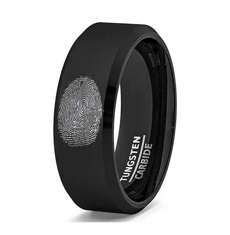 Fingerprint Engraved Black Tungsten Men's Wedding — lifestyle on hand — men's tungsten carbide wedding ring | Aydins Jewelry
