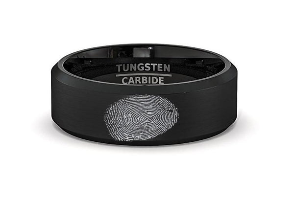 Fingerprint Engraved Black Tungsten Men's Wedding Band with Beveled Edges - Rings - Aydins_Jewelry