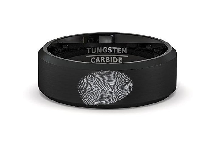 Fingerprint Engraved Black Tungsten Men's Wedding Band with Beveled Edges - Rings > Tungsten Fingerprint Ring > Fingerprint Jewelry >Fingerprint Rings > Memorial Ring > His Fingerprint Ring > Mens Wedding Band > mens black wedding band > black wedding rings > black wedding band > black wedding rings for men > - Aydins Jewelry - 1