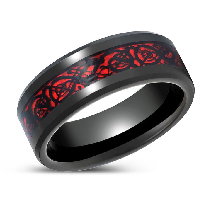 FIREFORGE - Black Tungsten Ring, Red Celtic Dragon Inlay, Beveled - Rings - Aydins Jewelry - 2