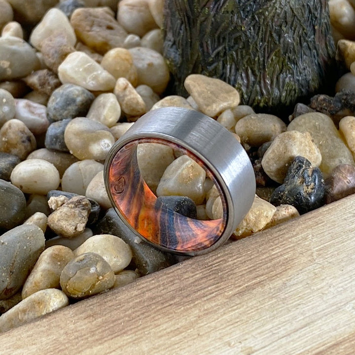 FISHER | Blue & Yellow/Orange Wood, Silver Tungsten Ring, Brushed, Flat - Rings - Aydins Jewelry