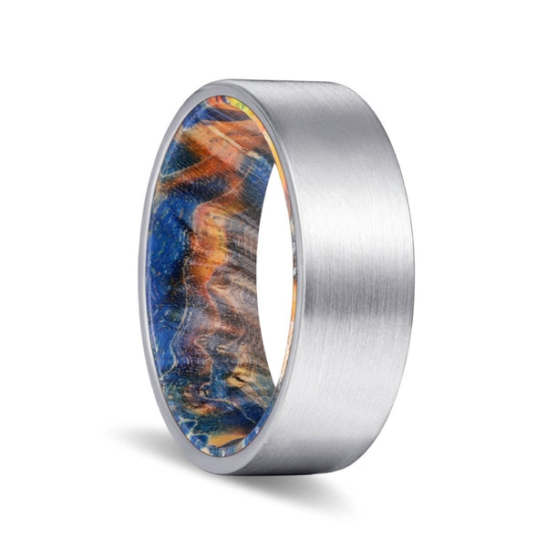 FISHER | Blue & Yellow/Orange Wood, Silver Tungsten Ring, Brushed, Flat - Rings - Aydins Jewelry - 1