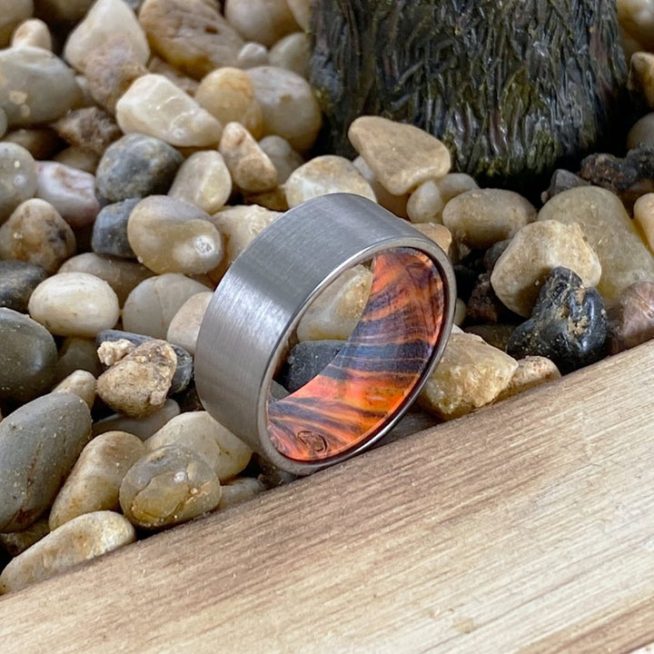 FISHER | Blue & Yellow/Orange Wood, Silver Tungsten Ring, Brushed, Flat - Rings - Aydins Jewelry - 5