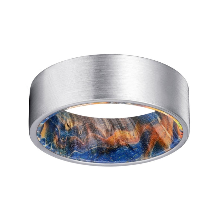 FISHER | Blue & Yellow/Orange Wood, Silver Tungsten Ring, Brushed, Flat - Rings - Aydins Jewelry