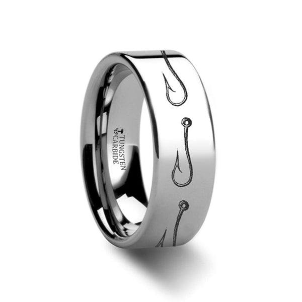 Fishing Hook Sea Pattern Print Laser Engraved Flat Tungsten Carbide Ring for Men and Women - 4MM - 12MM - Rings - Aydins_Jewelry