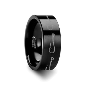 Fishing Hook Sea Pattern Print Laser Engraved Flat Tungsten Carbide men's wedding band, image 2