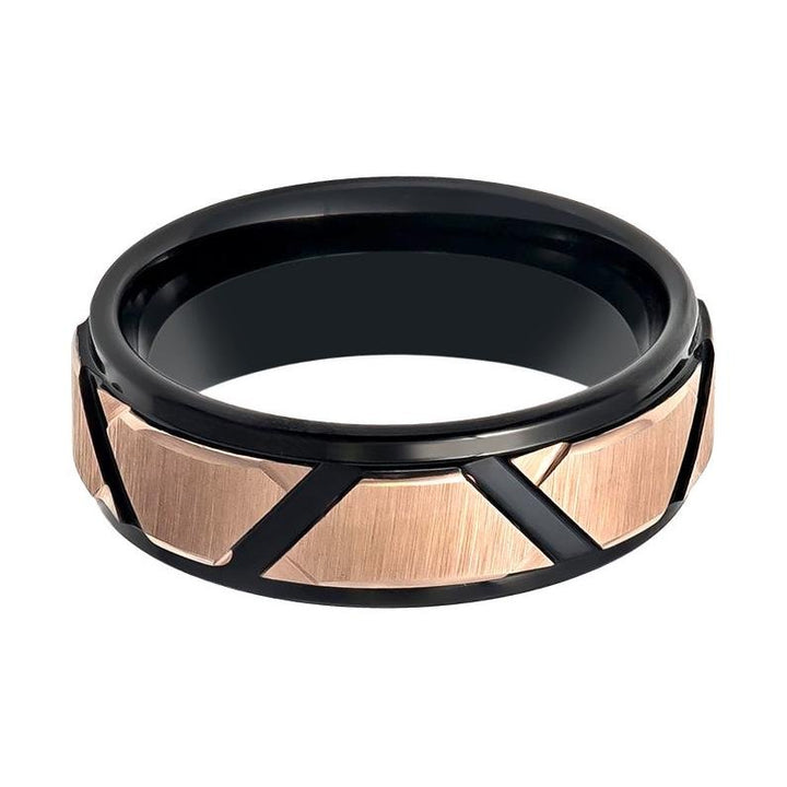FISONE | Black Tungsten Ring, Rose Gold Trapezoid Center, Stepped Edge - Rings - Aydins Jewelry - 2