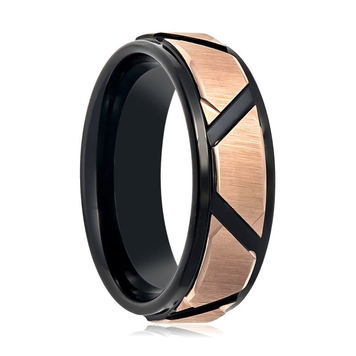 FISONE | Black Tungsten Ring, Rose Gold Trapezoid Center, Stepped Edge - Rings - Aydins Jewelry - 1