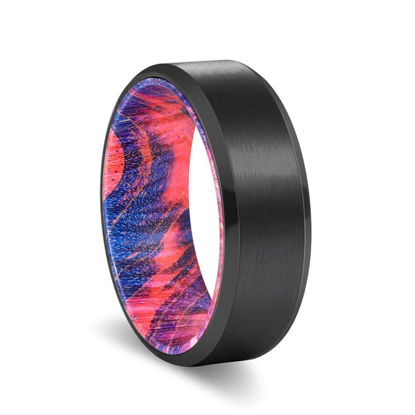 FLAME | Blue and Red Wood, Black Tungsten Ring, Brushed, Beveled - Rings - Aydins Jewelry - 1