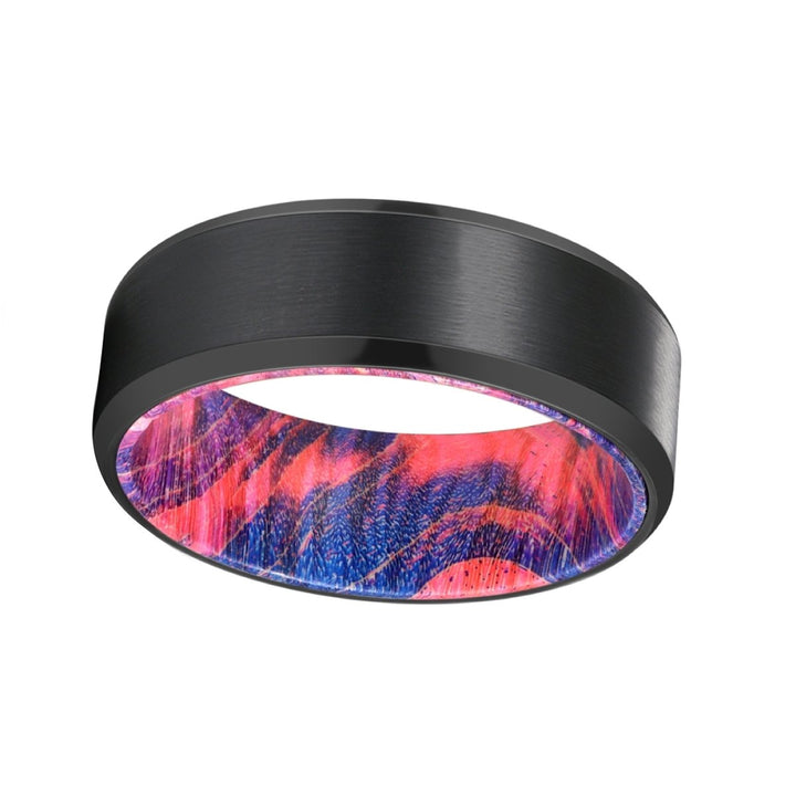 FLAME | Blue and Red Wood, Black Tungsten Ring, Brushed, Beveled - Rings - Aydins Jewelry