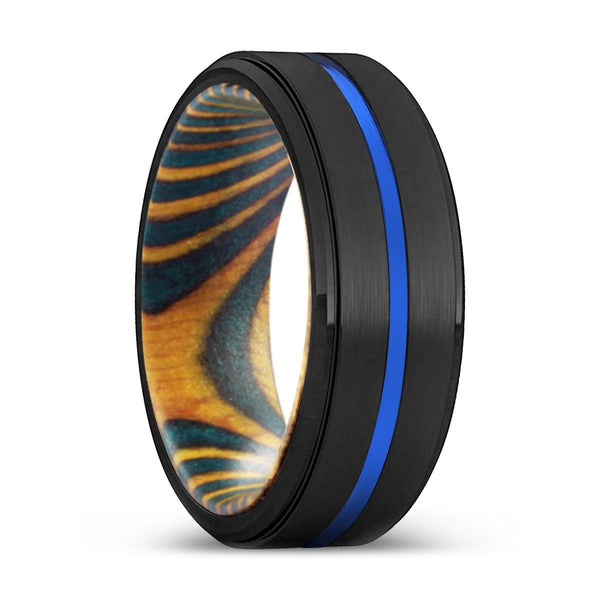 FLAMING | Green & Yellow Wood, Black Tungsten Ring, Blue Groove, Stepped Edge - Rings - Aydins Jewelry - 1