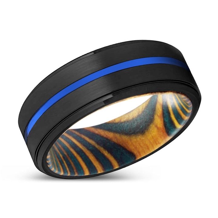 FLAMING | Green & Yellow Wood, Black Tungsten Ring, Blue Groove, Stepped Edge - Rings - Aydins Jewelry - 2
