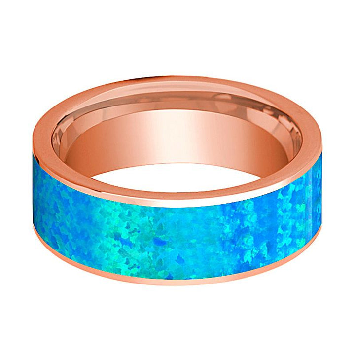 Flat 14k Rose Gold Men's Wedding Band with Blue Opal Inlay Polished Finish - 8MM - Rings - Aydins Jewelry - 2