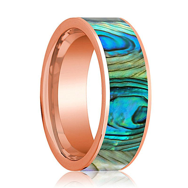 Flat 14k Rose Gold Men's Wedding Band with Mother of Pearl inlay Polished Finish - 8MM - Rings - Aydins_Jewelry