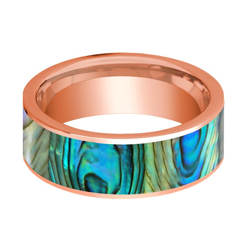 Mother of Pearl inlay 14k rose gold wedding band 8mm, side profile