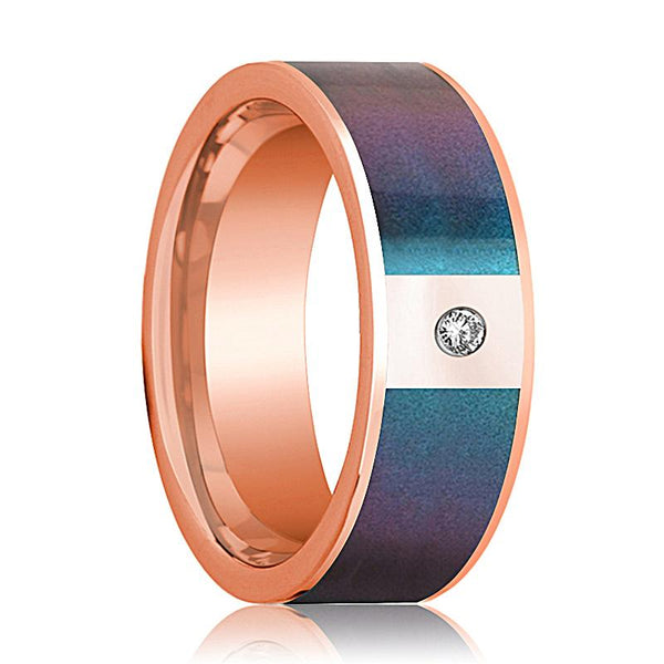 Flat 14k Rose Gold Wedding Band for Men with Blue/Purple Color Changing Inlay and Diamond - 8MM - Rings - Aydins Jewelry - 1
