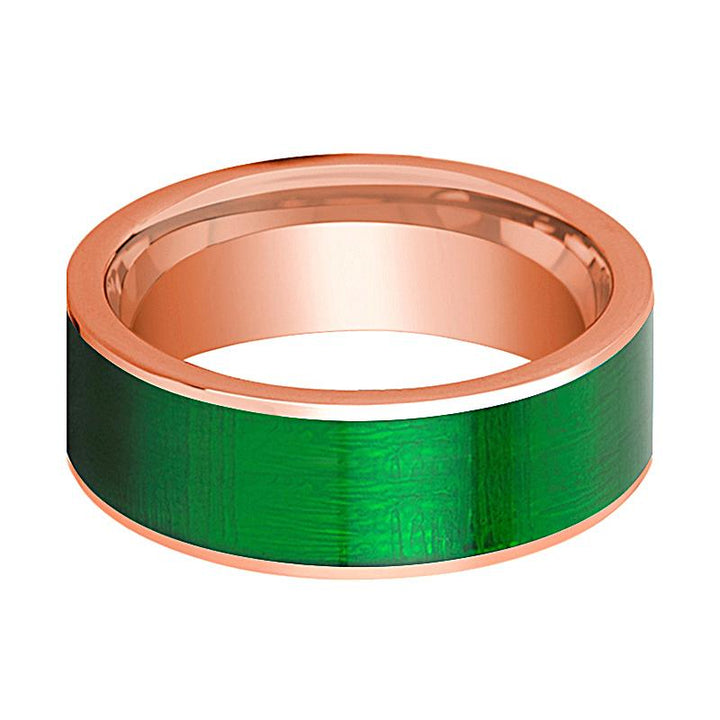 Flat 14k Rose Gold Wedding Band for Men with Green Texture Inlay Polished Finish - 8MM - Rings - Aydins Jewelry