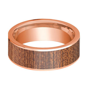 Sapele Wood inlay 14k rose gold wedding band 8mm, side profile
