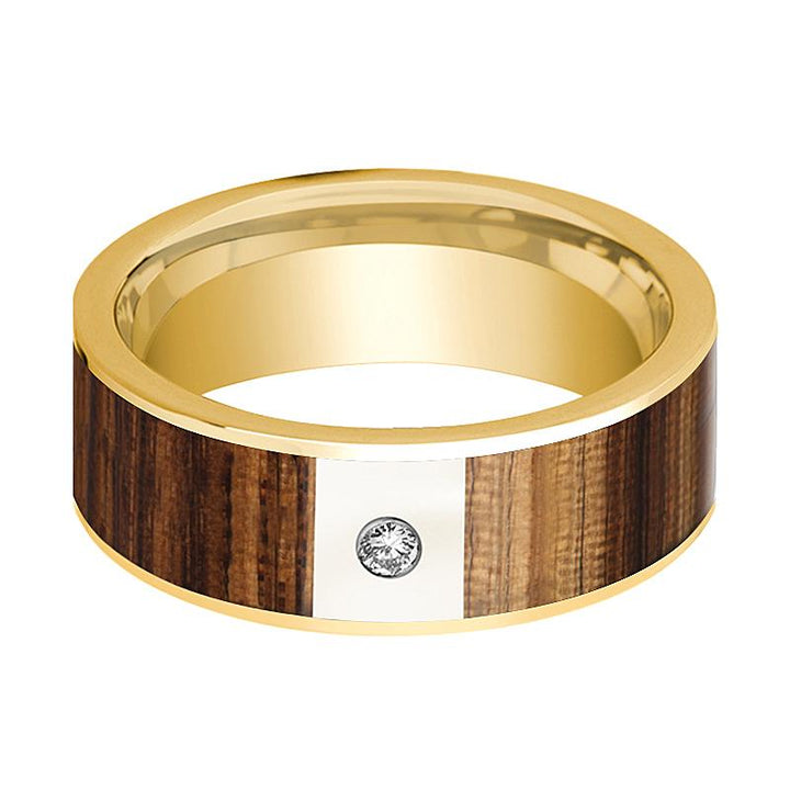 Flat 14k Yellow Gold Wedding Band for Men with Zebra Wood Inlay and White Diamond - 8MM - Rings - Aydins Jewelry - 2