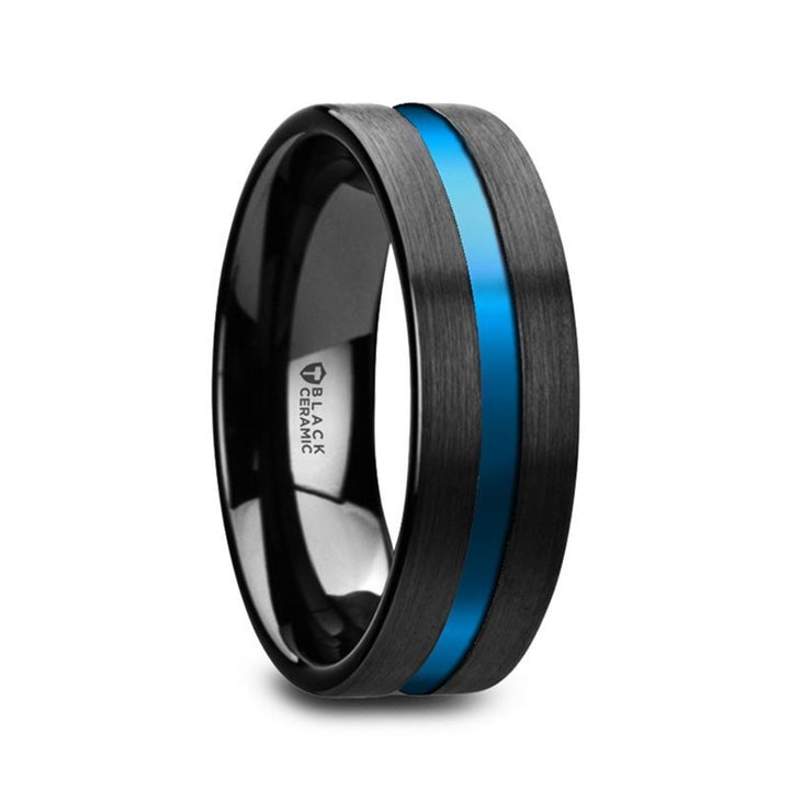 Flat Brushed Finish Black Ceramic Men’s Wedding Ring With Blue Grooved Center - 8mm - Rings - Aydins Jewelry - 1