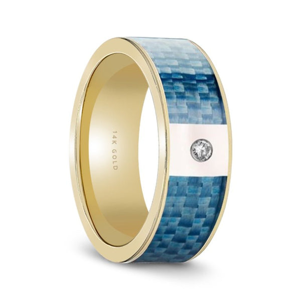 Flat Polished 14k Gold & Diamond Wedding Band for Men with Blue Carbon Fiber Inlay - 8MM - Rings - Aydins Jewelry - 1