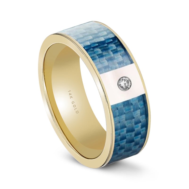 Blue Carbon Fiber inlay 14k yellow gold wedding band 8mm with diamond, side profile
