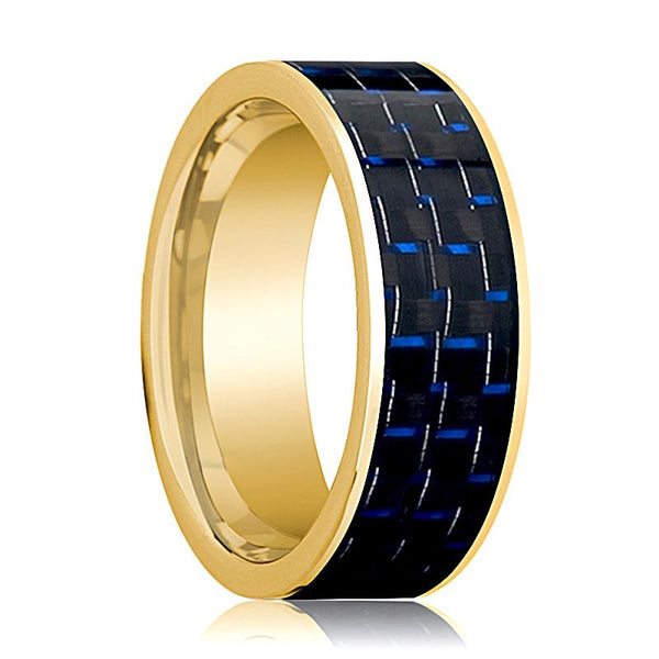 Flat Polished 14k Gold Wedding Band for Men with Blue and Black Carbon Fiber Inlay - 8MM - Rings - Aydins Jewelry - 1