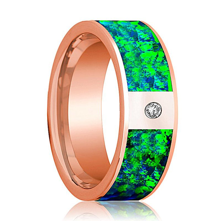 Flat Polished 14k Rose Gold and Diamond Men's Wedding Band with Emerald Green and Sapphire Blue Opal Inlay - 8MM - Rings - Aydins Jewelry