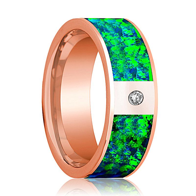 Blue Opal inlay 14k rose gold wedding band 8mm with diamond, top view